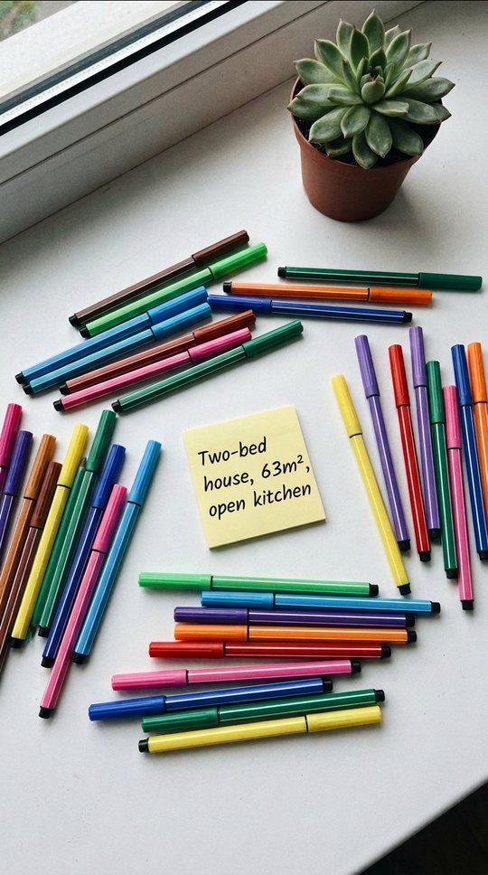 A desk, coloured pens, a sticky note with one handwritten sentence.