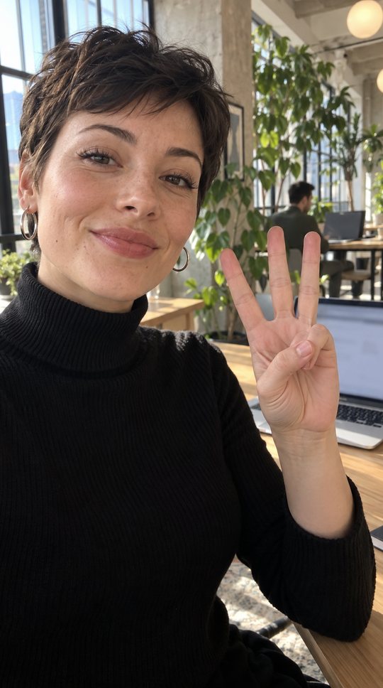 Co-working desk, a peace sign and a smile.