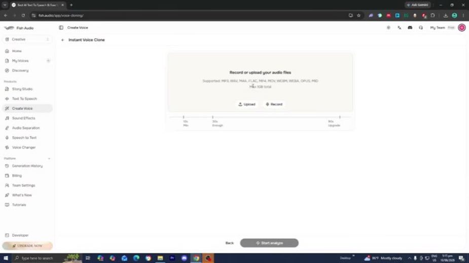 Upload an existing voice sample at 1:05