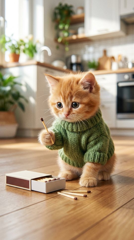 The kitten in a green sweater finds a matchbox on the kitchen floor.