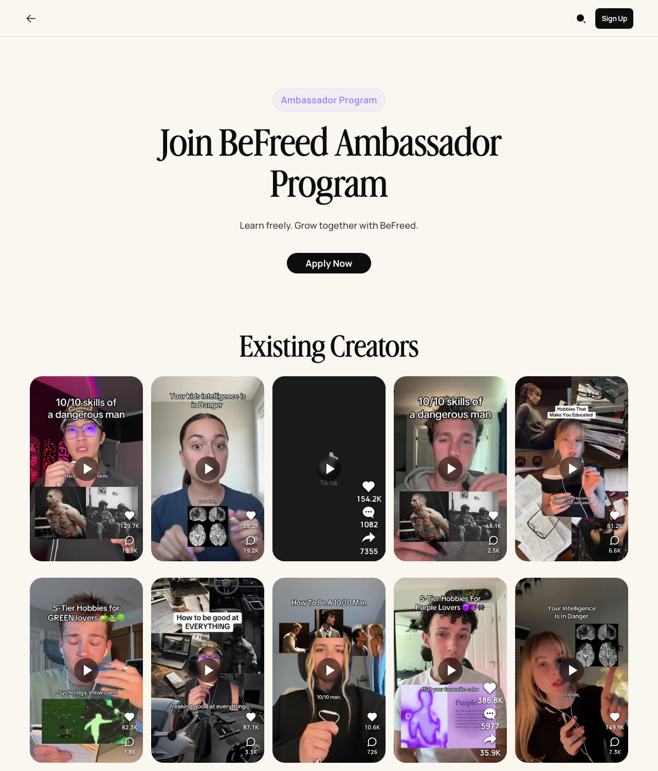 BeFreed Ambassador Program page with an Apply Now button and an Existing Creators section
