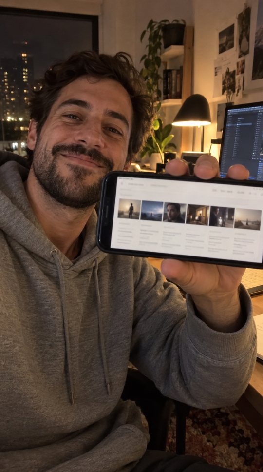 He holds up his phone: a finished storyboard page.