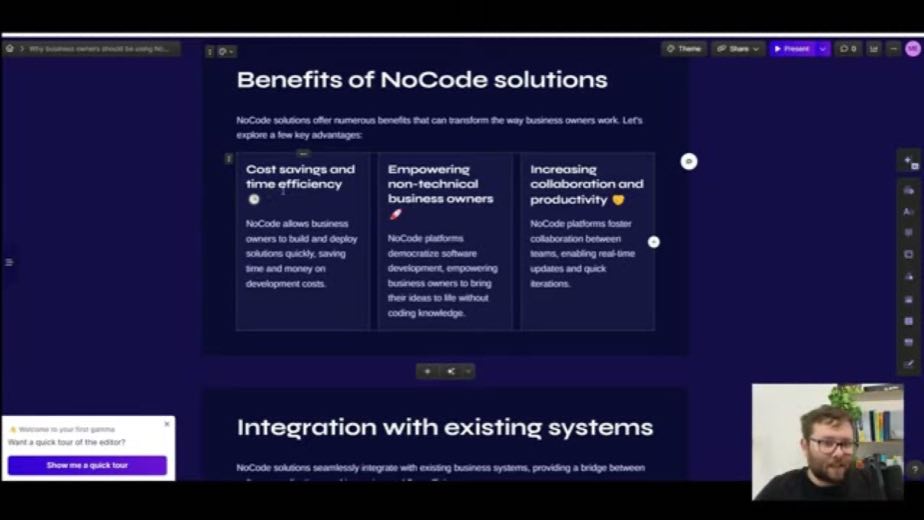 Commit to the no-code business pitch at 2:49