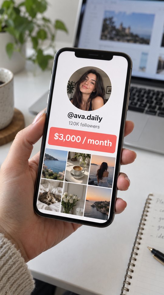 A phone showing @ava.daily: 120K followers, “$3,000 / month”.