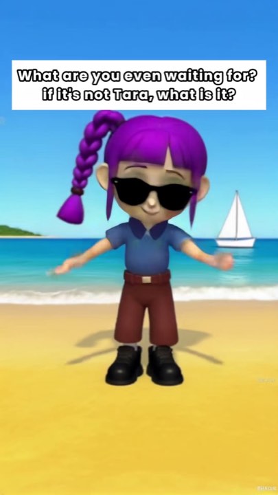 A purple-haired AI character standing on a beach under a direct challenge to the viewer