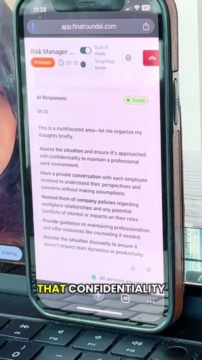 A phone shows a generated HR answer about confidentiality