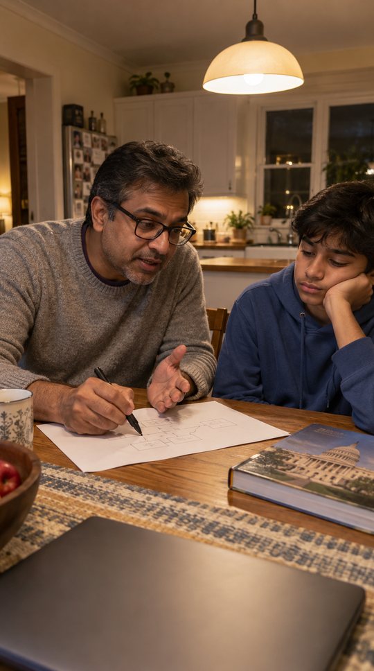 Kitchen table at night: Dad grabs a marker; his son is already bored.
