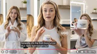 Demonstrate a ready-made skincare testimonial at 0:58