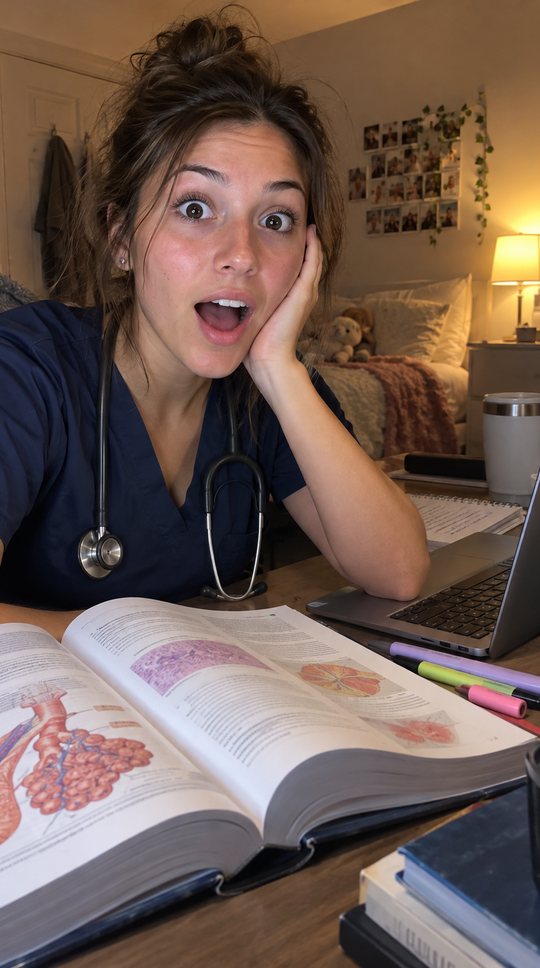 In scrubs at her desk, mouth open.