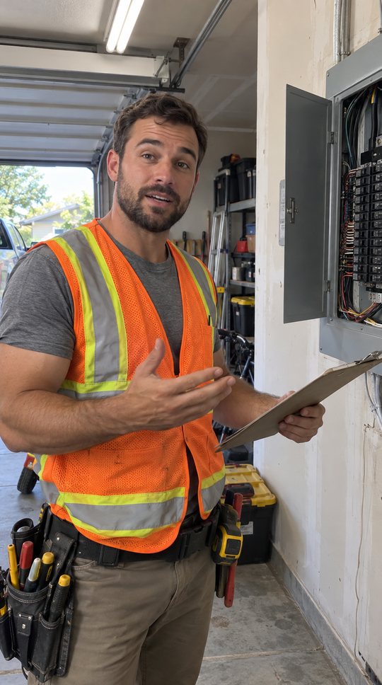 Garage, open breaker panel, hi-vis vest, talking to camera.