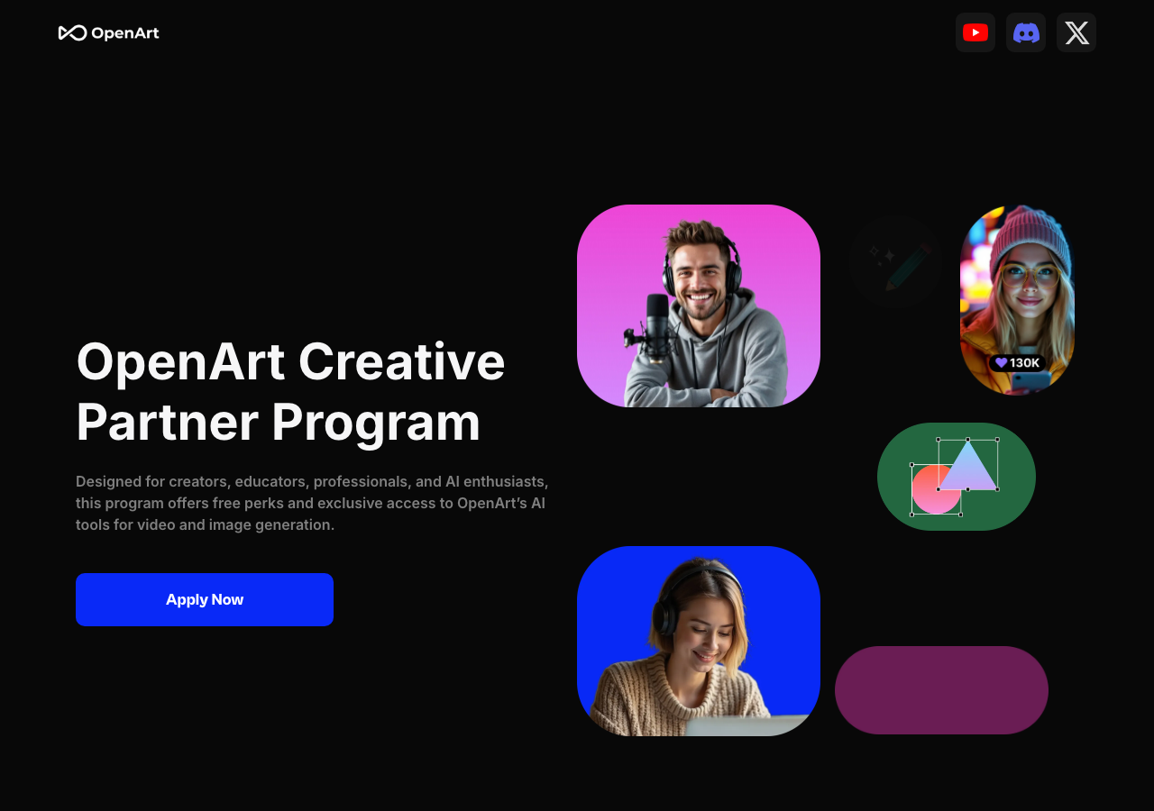 OpenArt Creative Partner Program page with its description and an Apply Now button