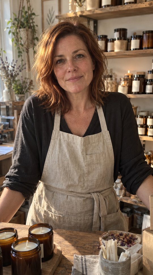 The shop owner behind her counter, jar candles behind her.