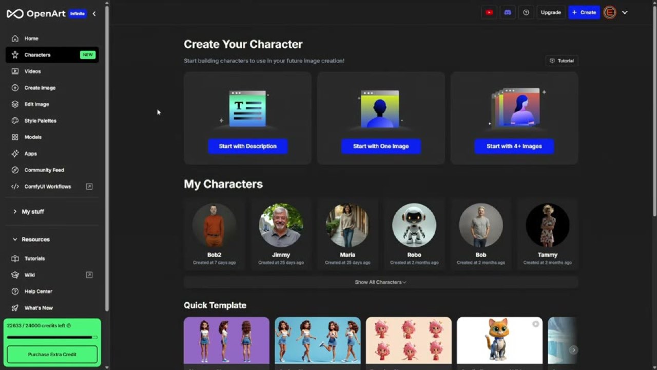 OpenArt's Characters page: Create Your Character