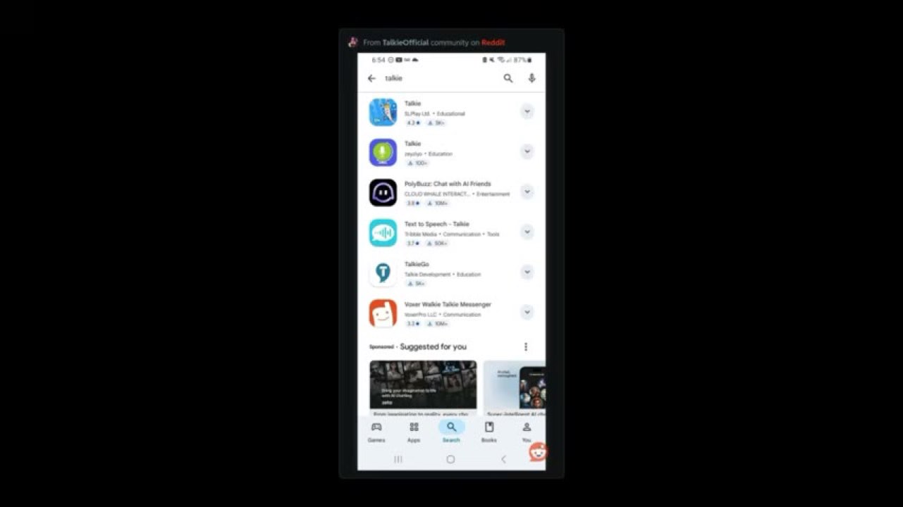 A phone showing Google Play search results without the target Talkie app