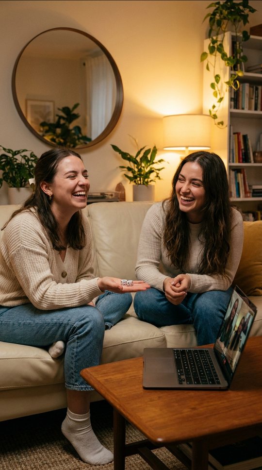 Two friends on a couch, dice in hand, a laptop between them.