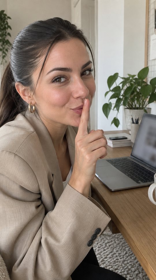 At her desk, finger to her lips.