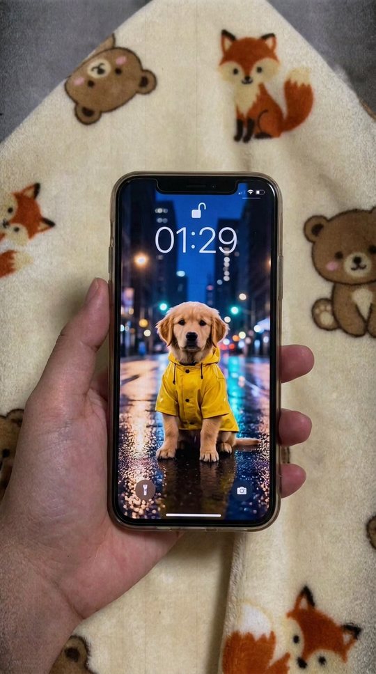 A hand holds the phone over the bed. The lock screen shows a still photo: a puppy in a raincoat.
