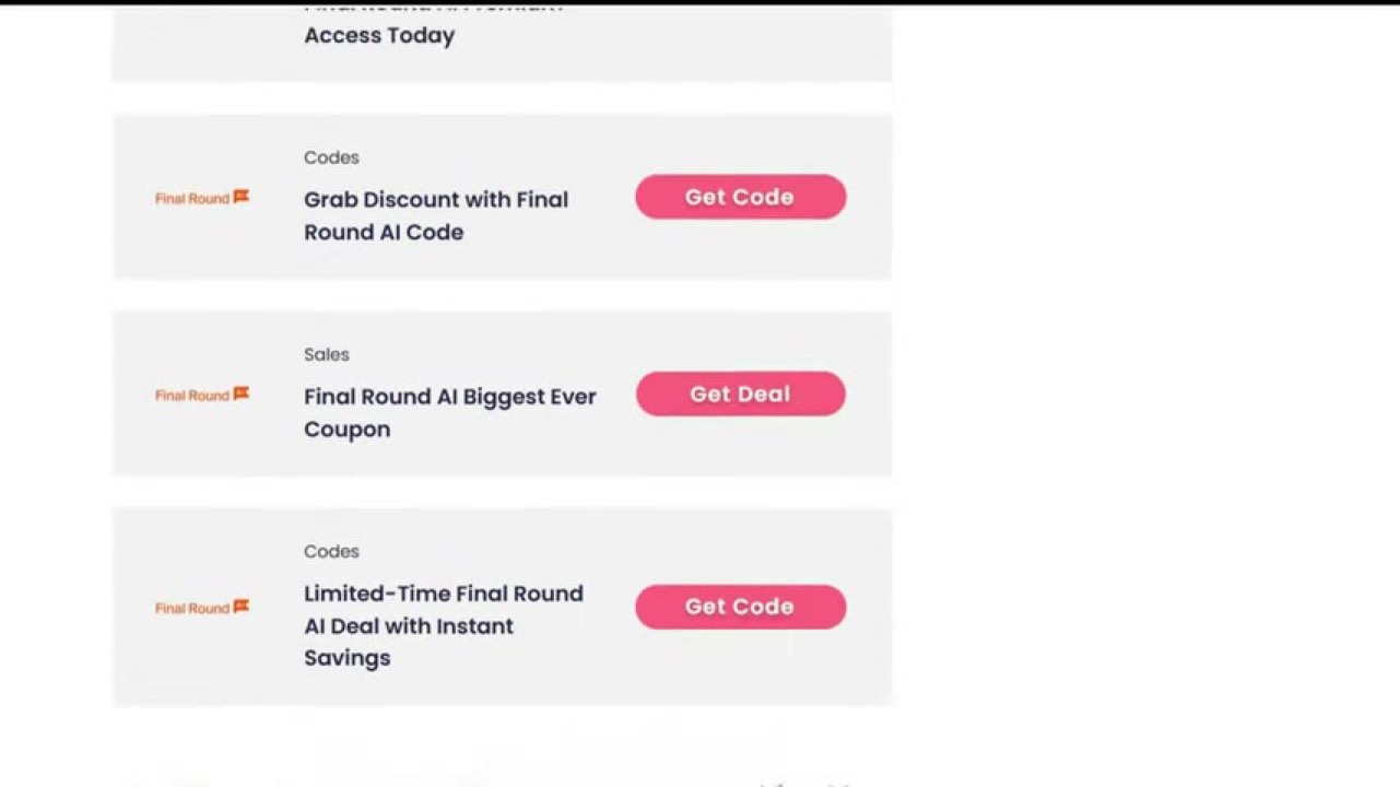 An off-platform coupon page listing Final Round AI Get Code and Get Deal buttons