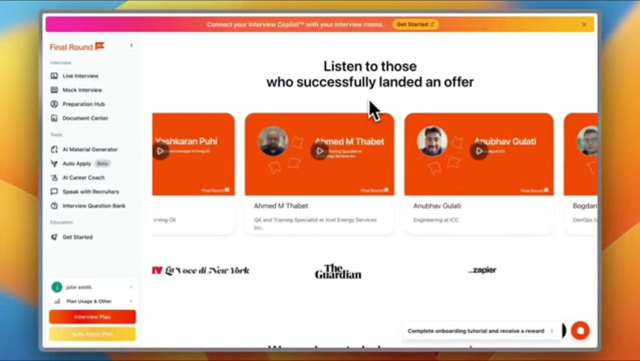 Final Round AI testimonial area with landed-offer stories