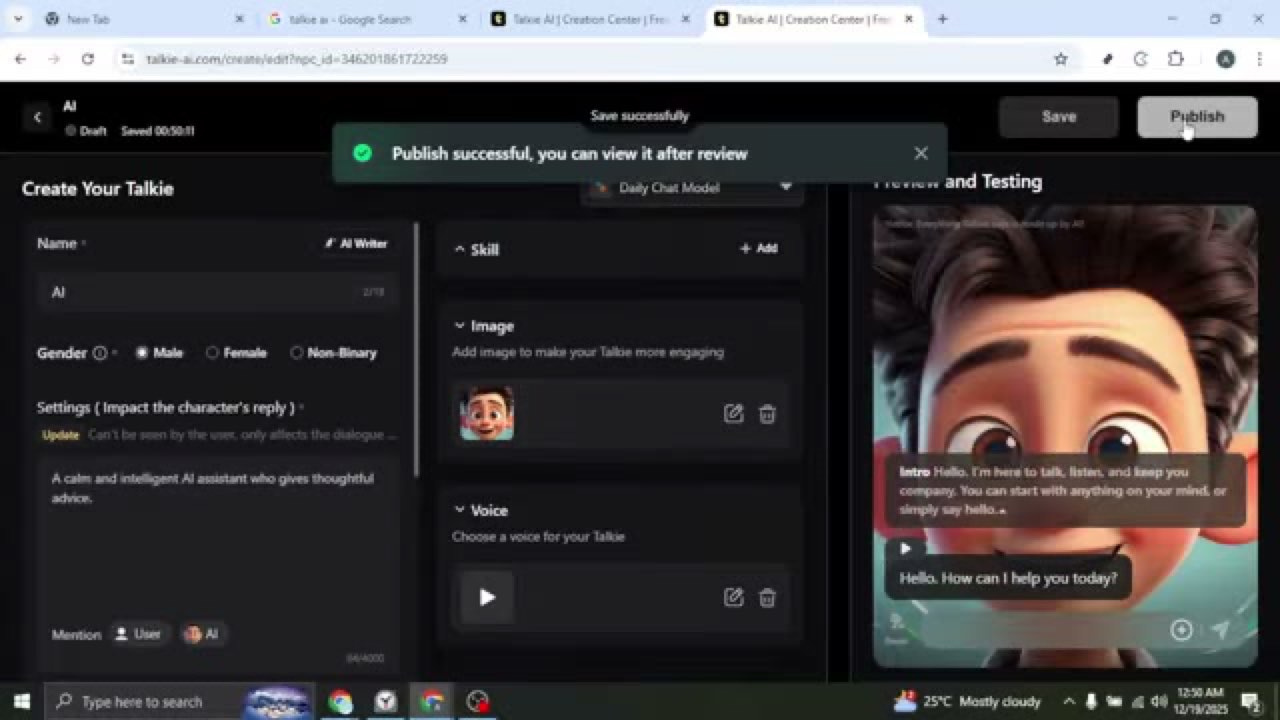 Talkie editor with generated character and publish confirmation