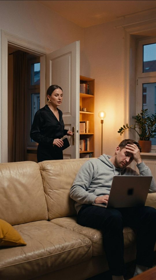 She walks in dressed for a night out. He’s slumped over a laptop.