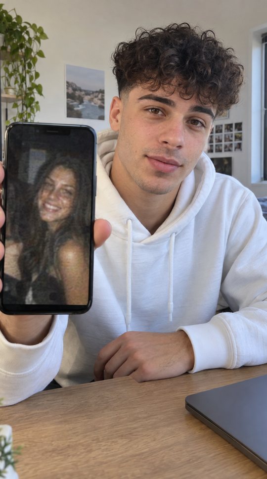 He holds up his phone: an old, blurry photo.