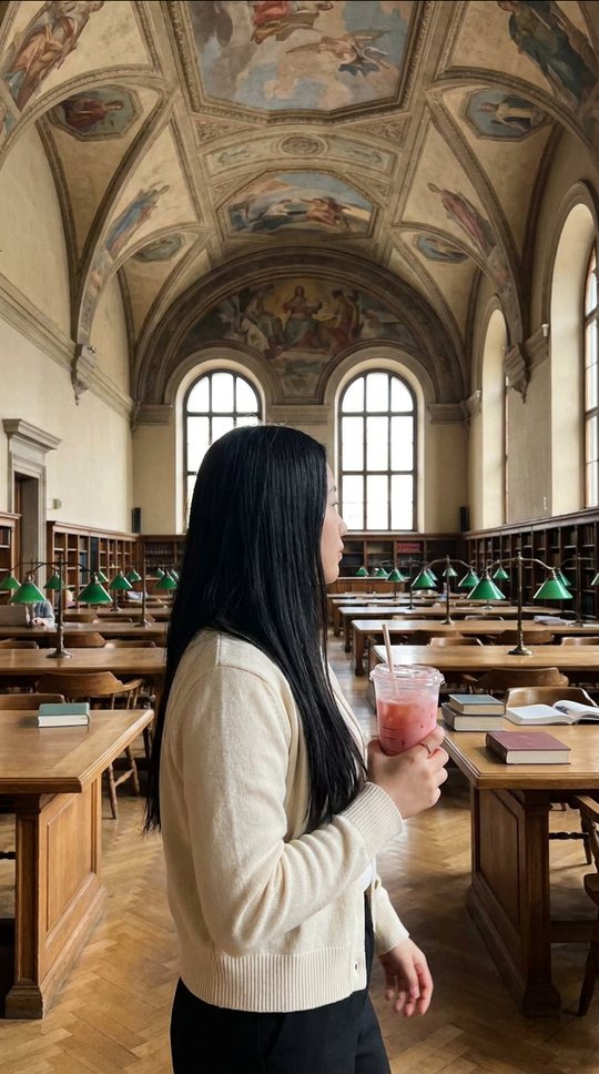 Iced drink in hand, walking into a vaulted reading room.