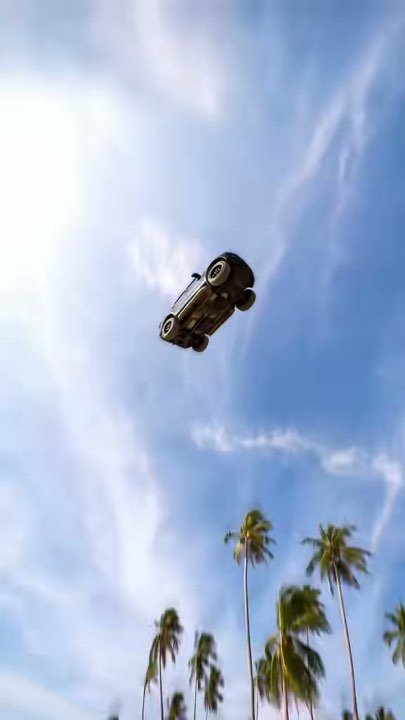 Generated car flying above palm trees