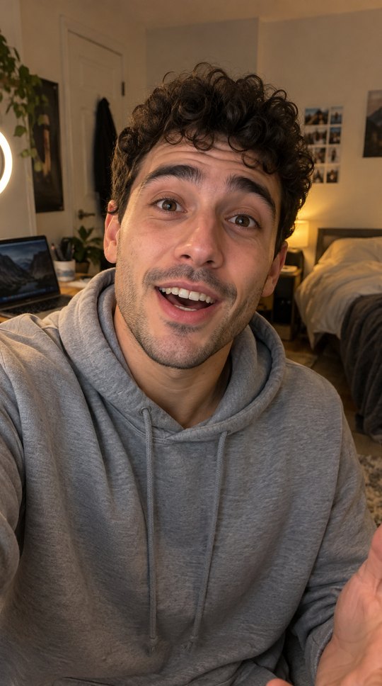 The user at his bedroom desk, leaning into the camera.