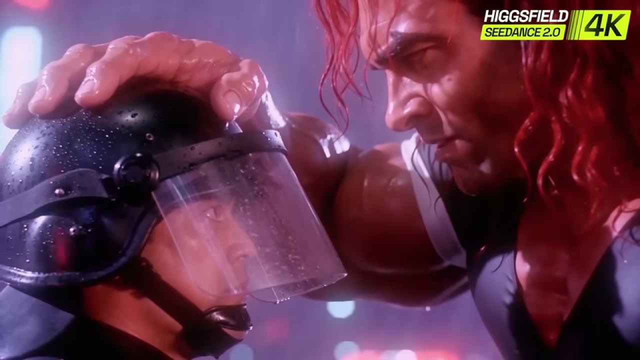 Red-lit fight film with a Higgsfield Seedance watermark