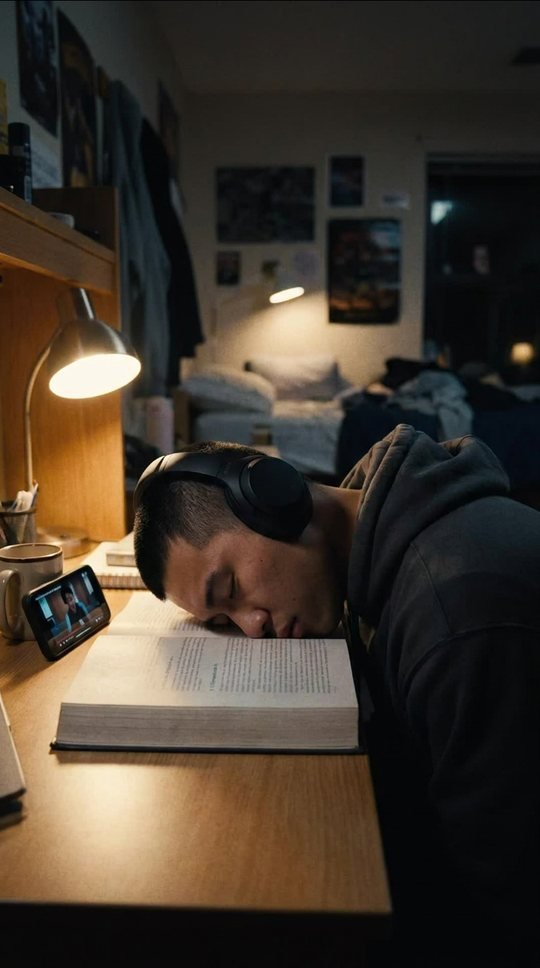 A dorm desk: he's asleep on a closed textbook, headphones on, a video still playing on his phone.