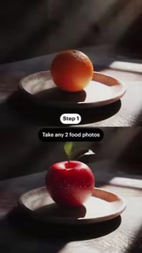 Prepare two matched food photos at 0:03