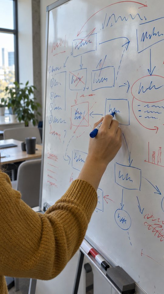 A whiteboard covered in scribbled boxes and arrows.