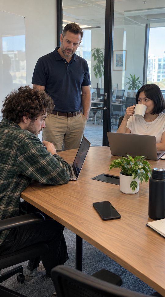 A glass meeting room: two engineers and their manager.