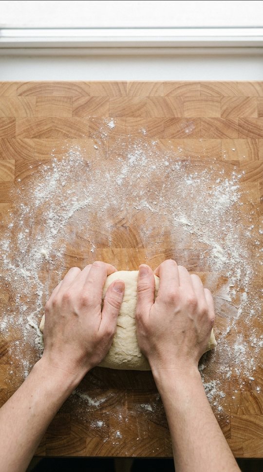 Chat bubbles over hands kneading dough on a wooden board.