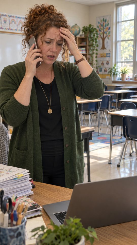 Classroom desk, phone to her ear, hand on her forehead.