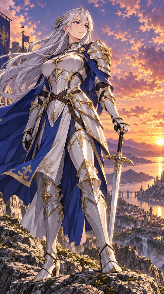 The anime heroine: silver hair, white-gold armor, sunset cliff.