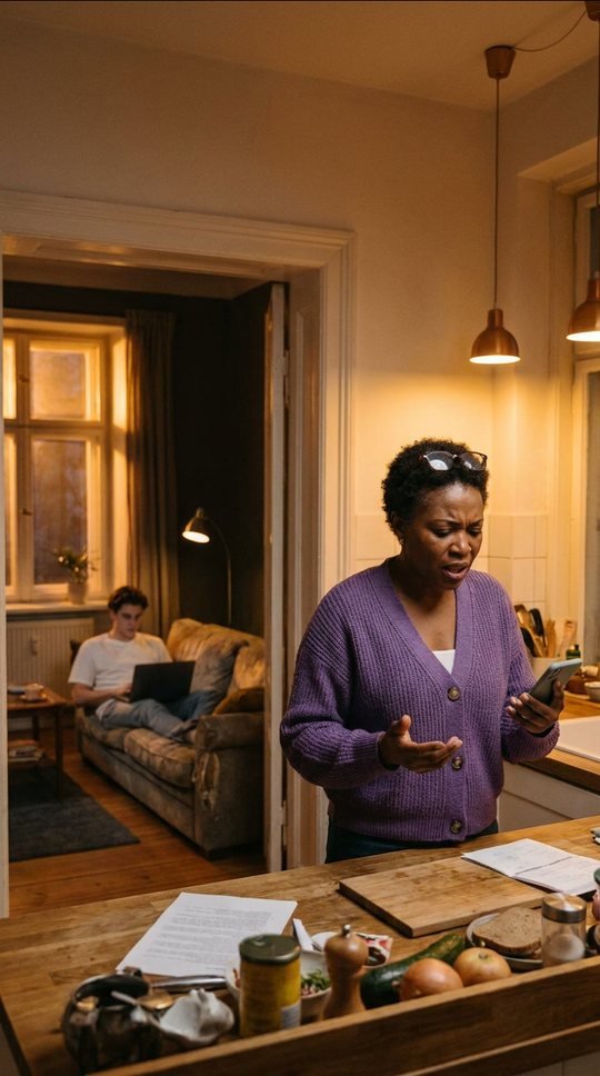 Kitchen: Mom waves her phone at her son on the couch.