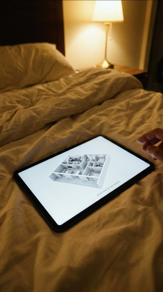 A tablet on a duvet: her character's apartment in 3D, from above.