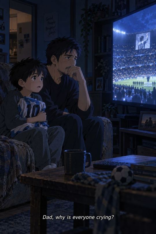 Night, only the TV glow on father and son.