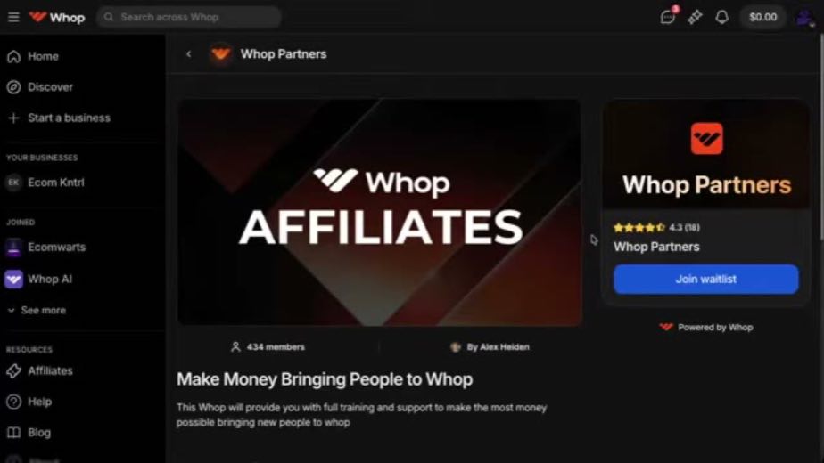 Find the affiliate area at 1:16