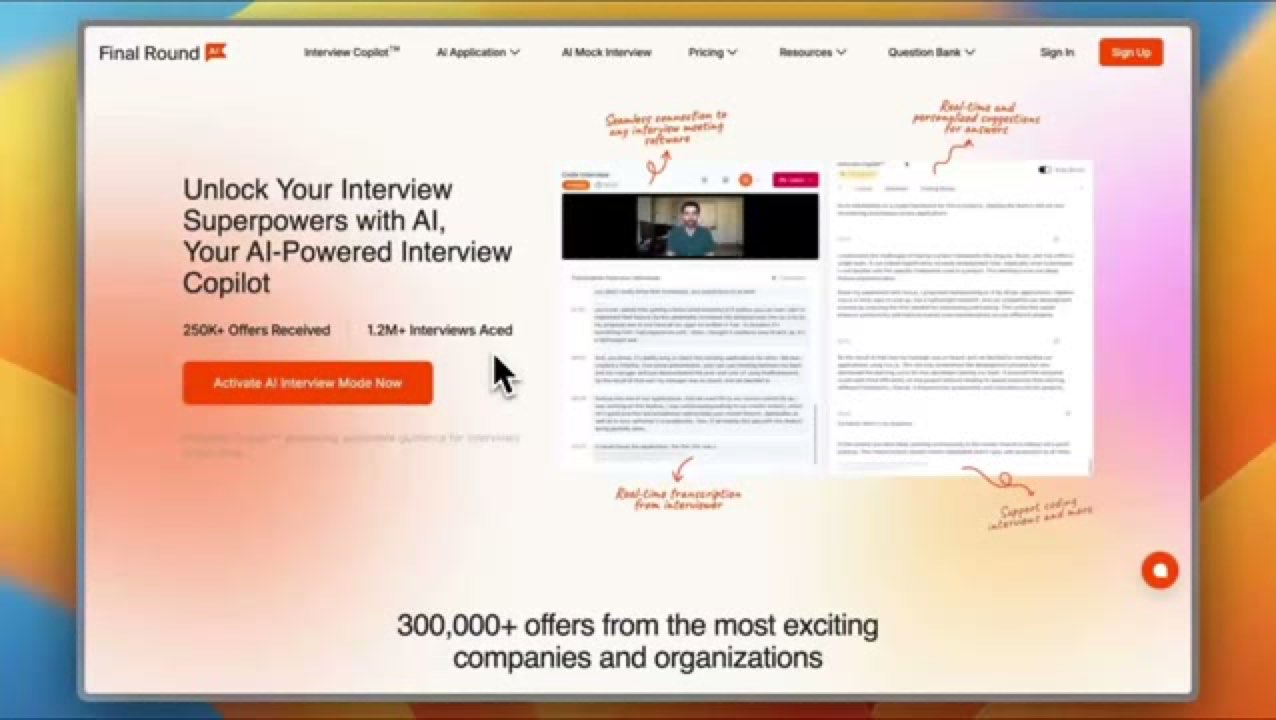 Final Round AI homepage with Interview Copilot and an activate interview mode button