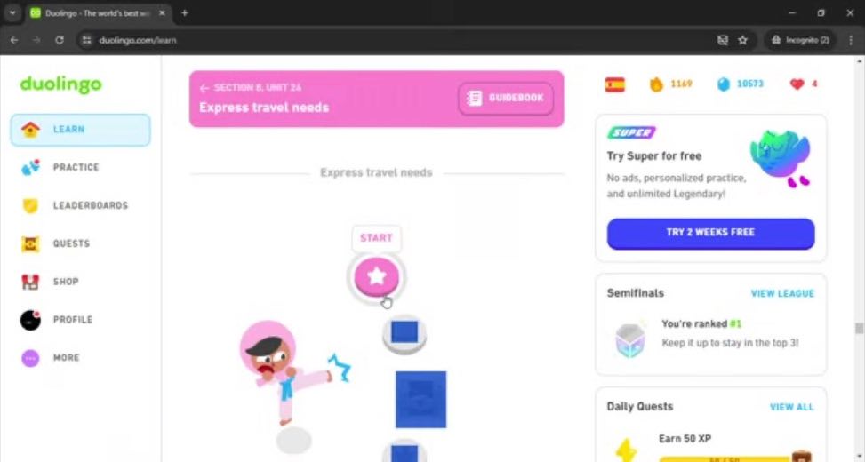 Start inside the travel lesson at 0:00