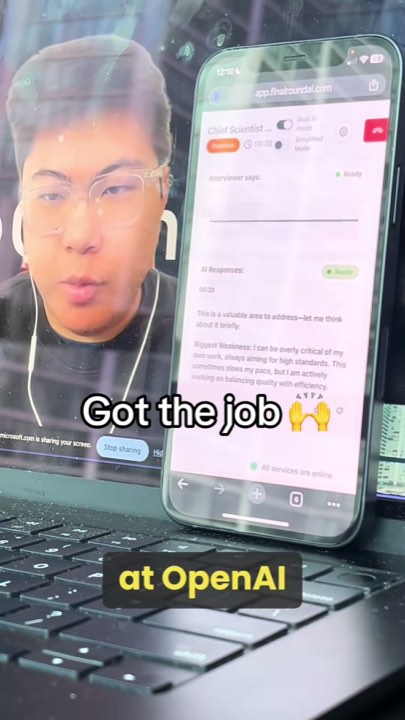 The interviewer beside a Final Round AI answer with the caption Got the job at OpenAI