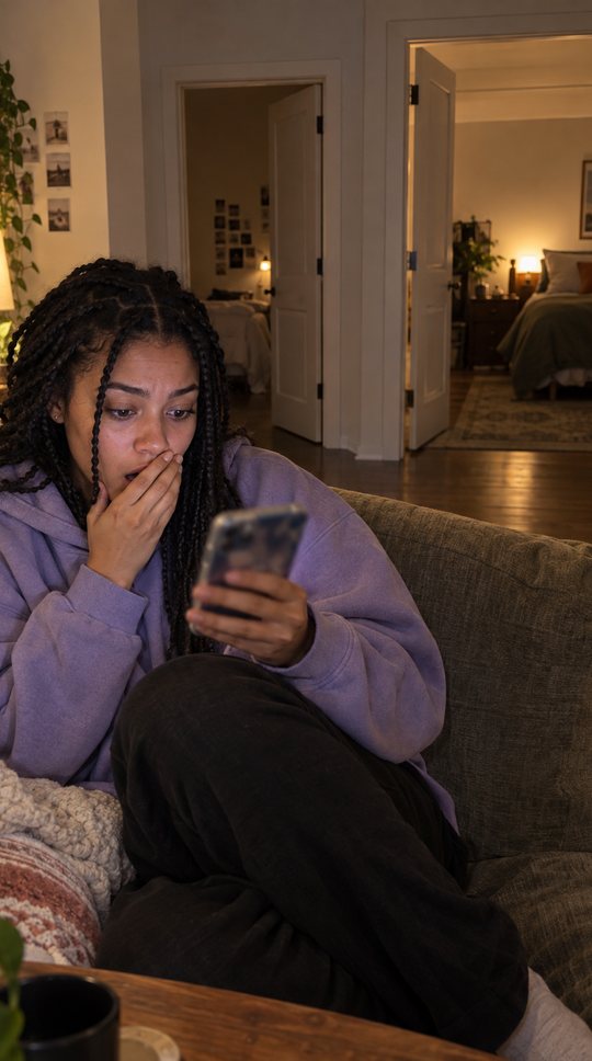 Couch at night, she stares at her phone.