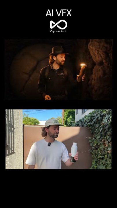 Rourke Heath's first frame: AI VFX, OpenArt logo, before and after stacked