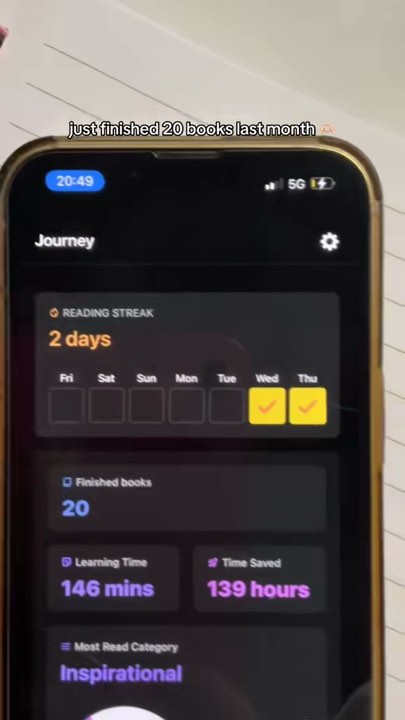 A phone showing BeFreed's progress screen: 20 finished books, 139 hours saved