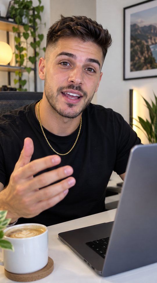 At his desk, talking fast to camera.