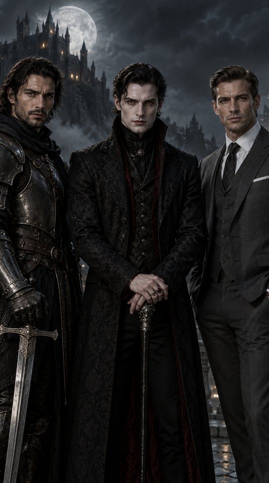 The three men side by side, moody light.