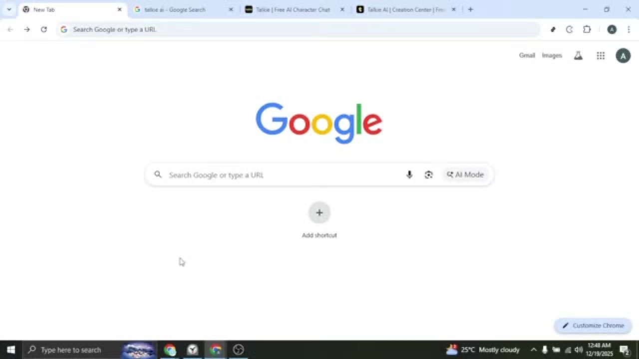 A blank Chrome tab at the start of a Talkie character-creation tutorial